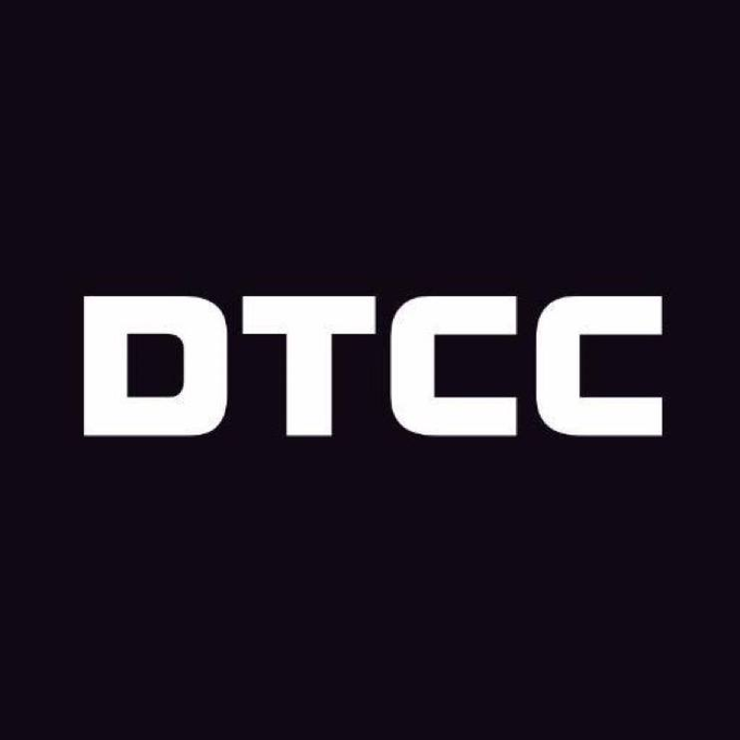 The image displays a bold white "DTCC" logo on a dark background, representing the Depository Trust & Clearing Corporation, which is mentioned in the post for processing $4 quadrillion in annual settlements.