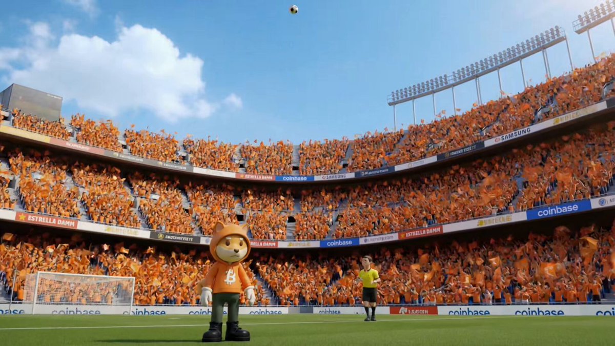 The image shows a large crowd of people gathered at an orange stadium, with one person wearing an orange shirt standing out among them. The crowd appears to be watching something happening above them, possibly a sports event or a game taking place on the field below. A soccer ball is visible in mid-air, indicating that it might have been kicked by a player during the match. The image also includes text that reads "Day 273 @CoinbaseMarkets $DOG where the culture will decide the outcome". This suggests that there could be an event or promotion related to the sports game taking place at the stadium.