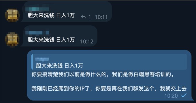 Chinese Telegram chat messages where a user is being warned about money laundering and threatened with having their IP address reported to authorities.