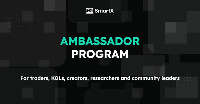 The image is a promotional graphic for the **SmartX Ambassador Program**, featuring the SmartX logo at the top, large text announcing "AMBASSADOR PROGRAM," and a subtitle stating it's "For traders, KOLs, creators, researchers and community leaders" set against a dark geometric background.

The graphic visually supports the post by advertising the program's launch and waitlist opening for the first week of September.