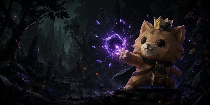 The image features a cartoon cat with a crown, standing in front of a forest scene that includes trees and bushes. The cat appears to be holding a magical object or spellbook, which could possibly be related to the post about Bread's Playbook on @ProprXYZ.