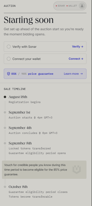 The image displays an auction landing page with a "Starting soon" header, showing options to "Verify with Sonar" and "Connect your wallet," along with an 85% price guarantee and a sale timeline listing key dates including registration on August 18th, auction start on September 1st, and token transferability on October 8th. This corresponds to the announcement of Ethos Network's $WHUF token auction, confirming the September 1st start date and the 85% price guarantee mentioned in the post.