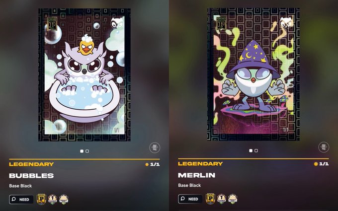 Two digital trading cards titled 'BUBBLES' and 'MERLIN' (Base Black) shown side by side, each marked as 'LEGENDARY 1/1', featuring cartoon-style creature characters.