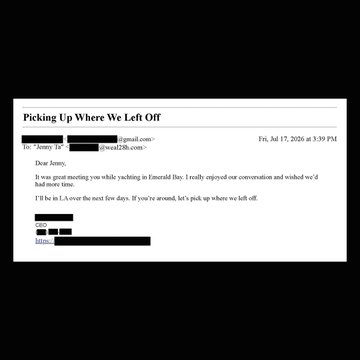 The image shows an email screenshot titled "Picking Up Where We Left Off," sent on July 17, 2026, from an address to "[email protected]," mentioning being in "Emerald Bay" and suggesting a "LA" meetup. The image relates to the post by exposing a private email address of a "gazillionaire," contradicting the claim that "everything else" is accessible while highlighting that personal correspondence can still be leaked despite wealth.