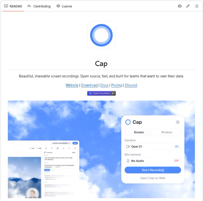 A GitHub repository page for "Cap" displays a blue ring logo and the tagline "Beautiful, shareable screen recordings. Open source, fast, and built for teams that want to own their data," with navigation links to Website, Download, Docs, Pricing, and Discord, alongside a purple "Open Bounties" badge showing $0; below, a product preview shows the Cap recording interface with "Screen" and "Window" tabs, a Camera option labeled "Opal C1," a Microphone set to "No Audio Off," and a blue "Start Recording" button, visually supporting the post's claim of a fast, open-source Loom alternative offering instant share links with AI-generated titles and transcripts.