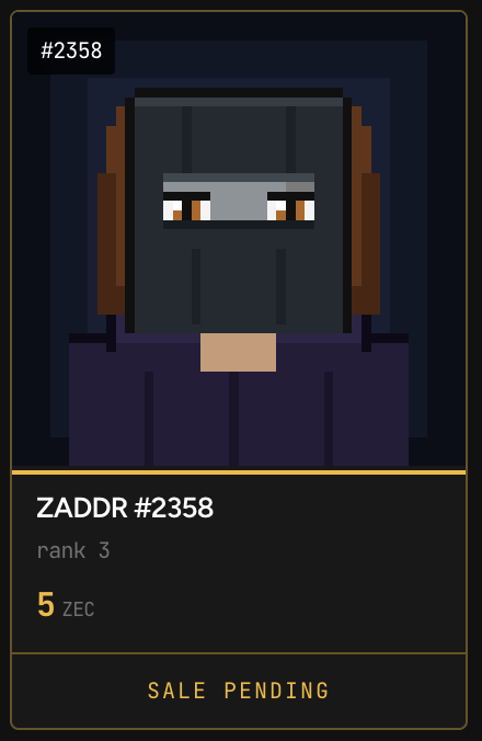 A pixel art NFT card labeled "#2358" shows "ZADDR #2358" at rank 3, priced at 5 ZEC with a "SALE PENDING" status, corresponding to the user's post about the rank 3 @zaddrnet NFT purchase for 5 ZEC.