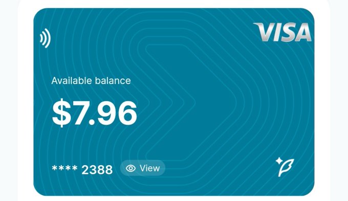 A blue PayPal Visa debit card showing an available balance of $7.96 with card number ending in 2388.