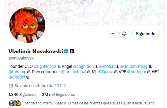 The image shows the Twitter/X profile of Vladimir Novakovski (@vnovakovski), Founder and CEO of Lighter.xyz, with 271K followers, displaying his flame-haired avatar. This profile represents the subject referenced in the post, which highlights his NFT PFP as a catalyst driving Fuego NFT floor prices up 150%+ and suggests that Lighter.xyz traders should pay attention.