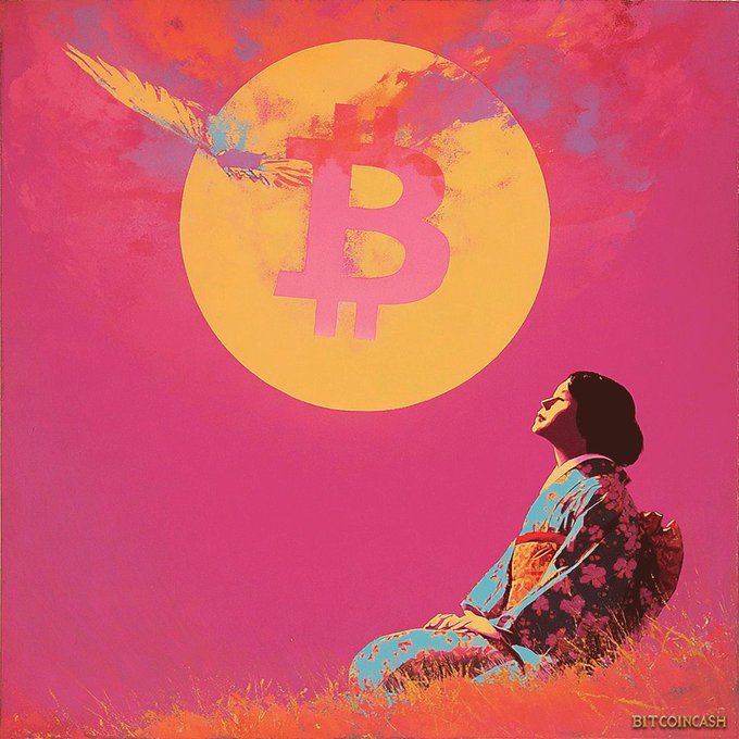 A pop-art style image of a person in a floral kimono gazing at a large yellow sun containing a Bitcoin 'B' symbol, with 'BITCOINCASH' text in the corner.