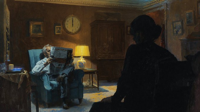 A dimly lit oil painting depicting an interior scene where an older man reads a newspaper in a blue armchair while a dark silhouette of a woman in a hat observes him from the foreground.