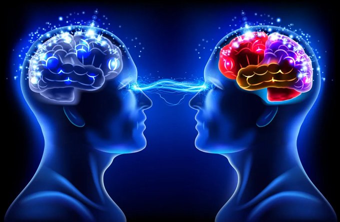 The image shows two blue silhouetted human heads facing each other, with glowing brains emitting electric energy and light beams connecting their minds. The accompanying text "$Poopybot to a billion" suggests a meme about ambitious financial growth, contrasting with the image's depiction of intellectual connection or "mind-melding" between two individuals.