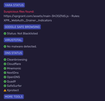 A website scanning results page showing 'YARA STATUS' flagged a 'main-3HO2fdS.js' file as suspicious for XPR_WebAuth_Drainer_Indicators rules, with Google Safe Browsing and VirusTotal showing clean status, and DNS status checks all passing except Xprotect.