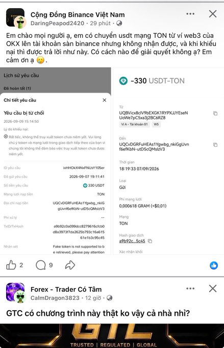 A screenshot from a Vietnamese Binance community group ('Cộng Đồng Binance Việt Nam') shows a support ticket for withdrawing -330 USDT-TON.
