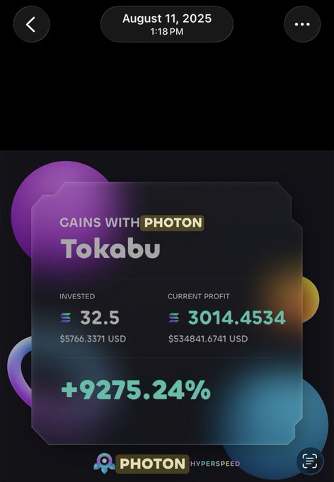 The image shows a PHOTON Hyperspeed trading dashboard for "Tokabu," displaying an initial investment of $576.34 USD growing to a current profit of $3,481.67 USD with an impressive +9275.24% gain. The caption aligns with the post's joke about committing "crimes" for massive PnL, as the absurdly high 9,275% return fuels that dream of hitting $500,000 in profit.