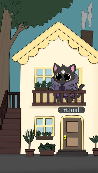 A cartoon illustration of a black cat wearing a purple jacket, peeking over the balcony railing of a cream house with the label 'ritual' on a sign above the door.