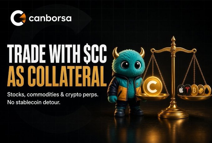 An advertisement for Canborsa with the headline 'TRADE WITH $CC AS COLLATERAL' and text reading 'Stocks, commodites & crypto perps. No stablecoin detour,' featuring a blue horned mascot next to a balance scale.