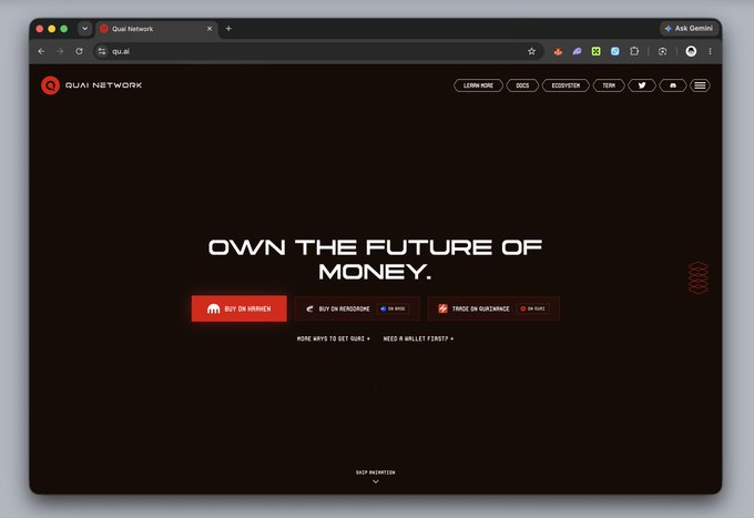 Screenshot of the Quai Network website (qui.ai) displaying the tagline 'OWN THE FUTURE OF MONEY.' with options to buy on Venice, buy on Aerodrome, or trade on Bifrost.