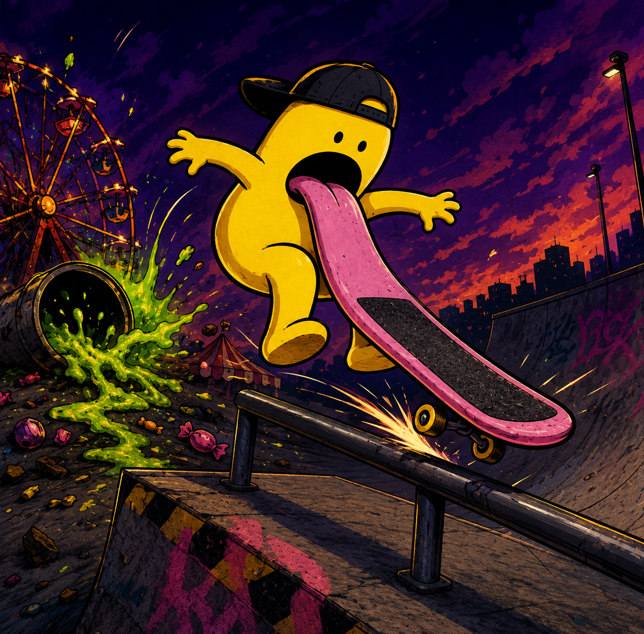 The image features a cartoon character with a large pink tongue sticking out, riding a skateboard over a rail or ramp. The background of the image shows an amusement park setting with various rides and attractions, such as a Ferris wheel and a carousel. The caption for the image reads "Rumor has it the tongue isn'T a tongue. It's a Layer-1 blockchain made from radioactive bubblegum. Fast. Sticky. Unstoppable. While other coins ride narratives, TONGUEBOARD rides his own tongue."