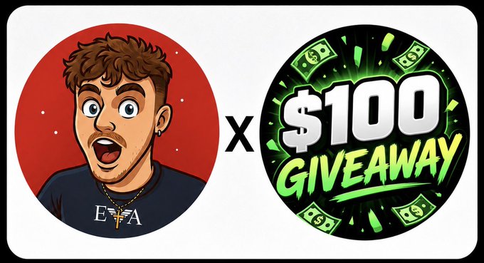 Promotional giveaway graphic featuring a cartoon avatar of a young man with brown hair on the left against a red background, multiplied by a "x" symbol next to a bold "$100 GIVEAWAY" badge with dollar bills on the right. The image accompanies a post announcing a $100 giveaway hosted by @obossyt_, with entry requirements to follow, like, repost, tag two friends, and reply with a Vega.Bet username.