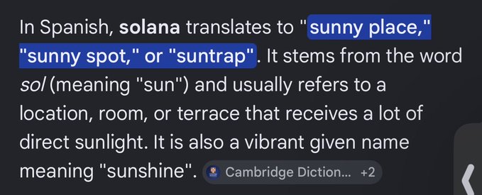 A text excerpt explaining that the Spanish name 'solana' means 'sunny place,' 'sunny spot,' or 'suntrap,' derived from 'sol' meaning sun, often referring to a sunny location, room, or terrace.