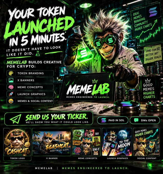 A promotional graphic for 'MEMELAB' features a green-glowing monkey scientist in a lab, with text stating 'YOUR TOKEN LAUNCHED IN 5 MINUTES' and 'MEMES ENGINEERED TO LAUNCH,' alongside examples of token logos and banners.