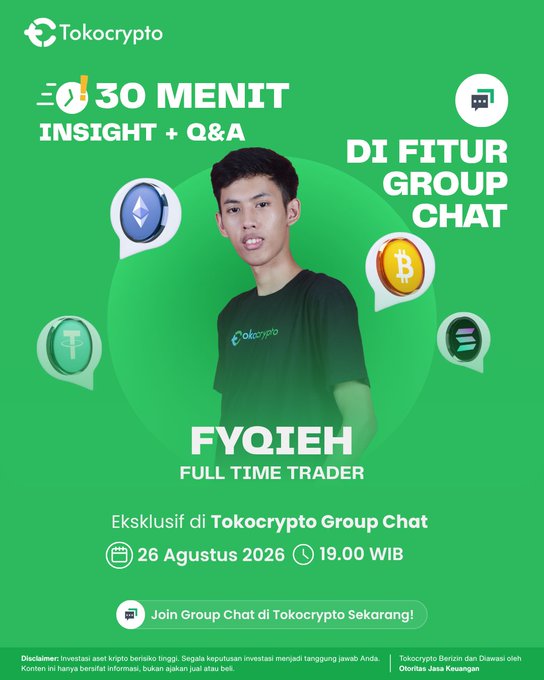 Promotional poster for Tokocrypto's "30 Menit Insight + Q&A" session featuring trader FYQIEH on August 26, 2026 at 19:00 WIB, exclusively in the Tokocrypto Group Chat, with the trader shown in a green Tokocrypto t-shirt surrounded by cryptocurrency icons (Ethereum, Bitcoin, Tether, and Solana).