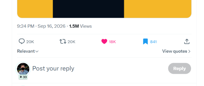 A social media post timestamped "9:24 PM · Sep 16, 2026" showing 1.5M views, with 20K comments, 20K reposts, 18K likes, and 841 bookmarks, featuring a reply box where the user comment "wahhhh" appears to express a dramatic or playful reaction to the viral post.