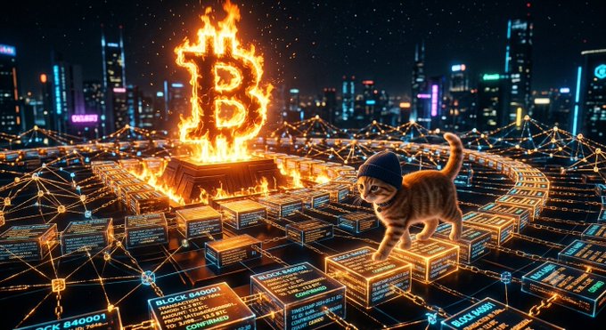 A digital art piece showing a cat in a beanie walking across blockchain blocks with a flaming Bitcoin 'B' symbol and a futuristic city skyline in the background.