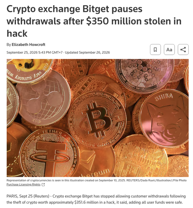 Reuters news article headline reading 'Crypto exchange Bitget pauses withdrawals after $350 million stolen in hack' by Elizabeth Howcroft, dated September 26, 2026, with an illustration of copper and gold cryptocurrency coins including Bitcoin and Shiba.