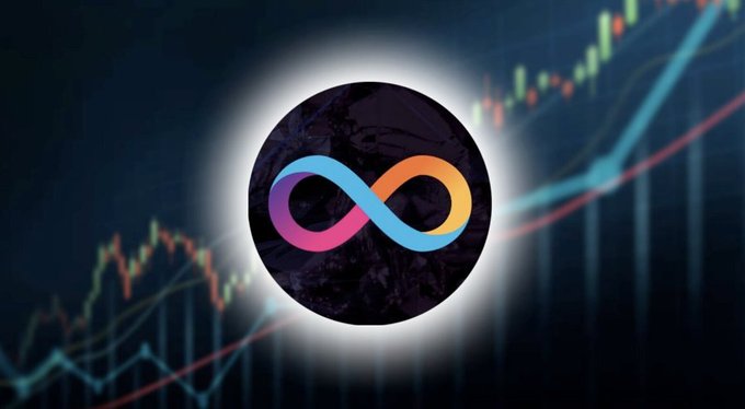 A digital graphic displaying the Infinity (Render) cryptocurrency logo, a multicolored infinity symbol, centered against a dark background with stock market trading charts.