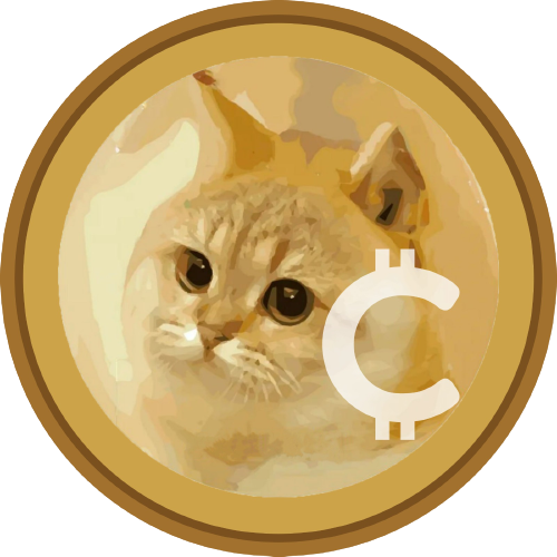 An illustration of an orange tabby cat's face inside a gold coin design, featuring a large 'C' symbol overlaid on the right side.