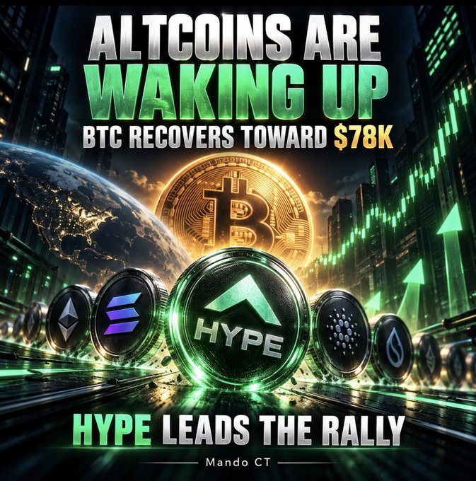 The image is a crypto promotional graphic featuring a Bitcoin coin alongside various altcoin tokens including one prominently labeled "HYPE," set against a backdrop of green bullish market charts and a glowing Earth, with bold text reading "ALTCOINS ARE WAKING UP," "BTC RECOVERS TOWARD $78K," and "HYPE LEADS THE RALLY" by Mando CT. This visually reinforces the post's message about Bitcoin's recovery toward $78K and the altcoin rally led by HYPE, perfectly illustrating the market rotation theme described in the caption.