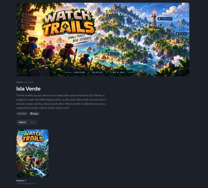A Roblox game page for 'Isla Verde' under the 'Watch / Isla Verde' title, showing a Minecraft-style island landscape with the tagline 'Small Trails, Big Stories.'