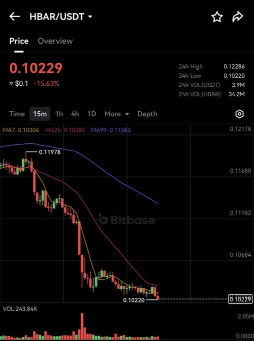 A Bitbase price chart for the HBAR/USDT pair shows a sharp decline, with the current price at $0.10229 (down 15.63%), sitting precariously near the 24h low of $0.10220—directly illustrating the post's concern about whether HBAR will hold the $0.10 support level.