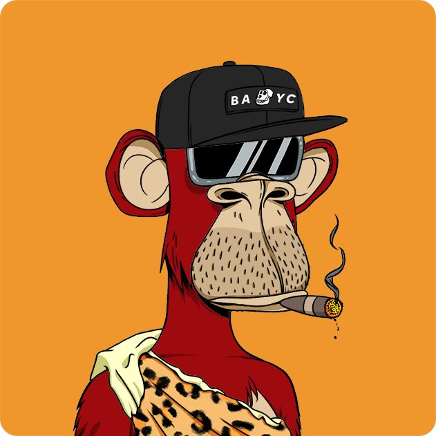 A stylized cartoon illustration of a Bored Ape-style red monkey wearing a black 'BAYC' cap, sunglasses, and smoking a cigar against an orange background.