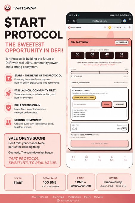 A promotional graphic for '$TART Protocol' on TARTswap, advertising a token sale with details like 'TOTAL RAISE 100 BNB', 'PRICE 1 BNB = 20,000,000 TART', and 'LISTING PancakeSwap Aug 31, 2026'.