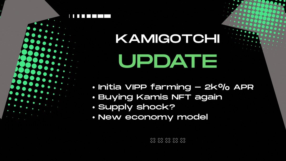 The image shows a black background with green dots, which are arranged in a pattern that reads "Kamiogotschi Update" at the top of the screen. Below this, there's text that says "Inita VIP farming - 2k%+ APR on @0xl3th3 to buy karis NFT again". The image also contains a green arrow pointing towards the "@kamigotchiworld" and a green number "2k%+APR", which are likely to be related to Kamigotschi's farming strategy.