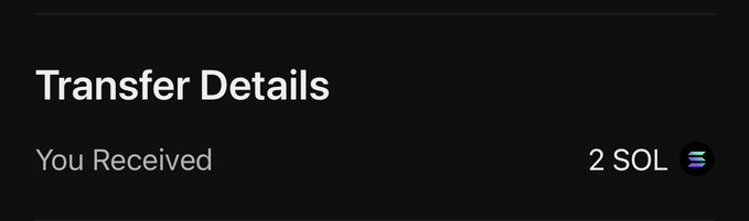 Crypto wallet notification showing 'Transfer Details' with 'You Received 2 SOL'.