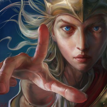 A digital portrait illustration of a blonde character with striking blue eyes reaching their hand toward the viewer, wearing golden headwear.