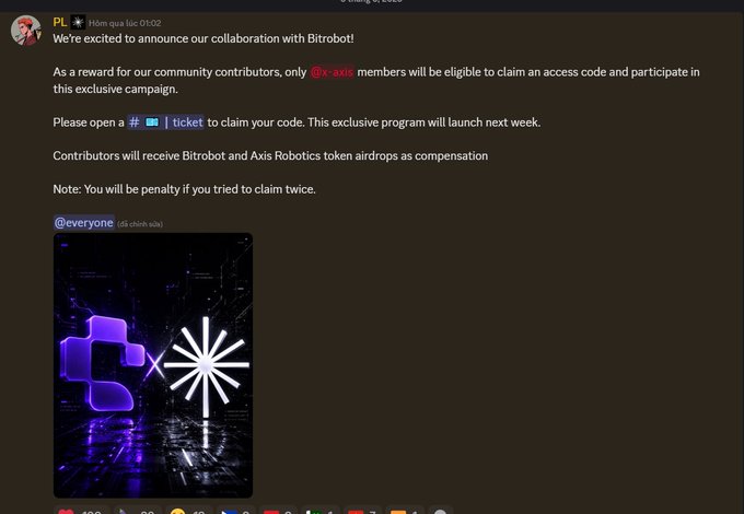 The image shows an email message from a group of people who have been collaborating on a project called @axisrobotics. The email contains information about a special offer for participants to claim their exclusive code, which will be used to launch a new program in the next week. The email also mentions that there is no official information available yet but encourages everyone participating in the project with roles X, Y, and Z to open a ticket on Discord so they can receive the exclusive code.