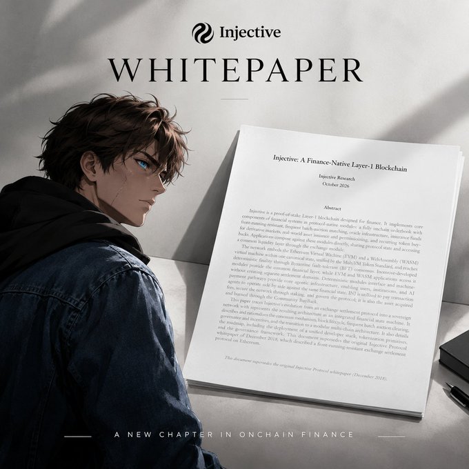 The cover of an Injective whitepaper titled 'Injective: A Finance-Native Layer-1 Blockchain', dated October 2026, featuring an illustrated young man in a dark jacket beside the document.