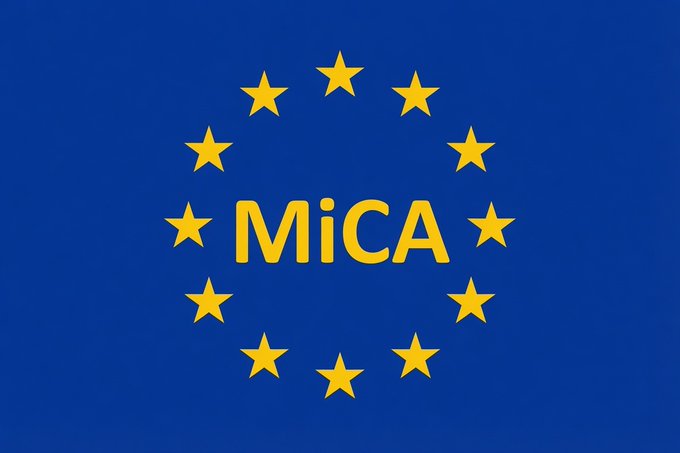 The image displays a blue background with yellow stars arranged in a circle, resembling the European Union flag, with the bold yellow text "MiCA" in the center. The graphic visually represents Ripple's full MiCA (Markets in Crypto-Assets) regulatory approval, symbolizing the company's authorization to operate across the European Economic Area.