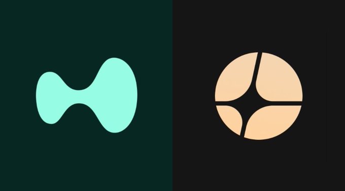 Two cryptocurrency logos displayed side by side: a teal hourglass/dumbbell shape on the left and a peach-colored geometric symbol on the right, against dark backgrounds.