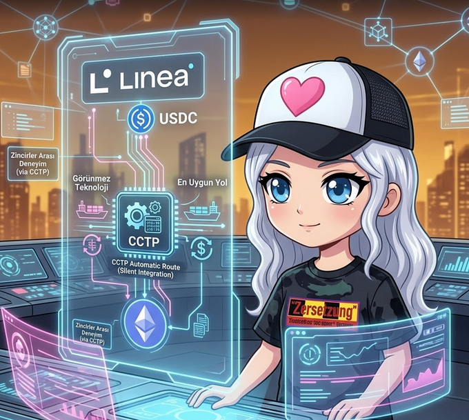 The image features a cartoon girl with blonde hair wearing a black hat who appears to be working at a computer desk. She has a laptop open in front of her and seems to be using it for some task or project. The background of the image is filled with various computer screens, indicating that she might be involved in a technology-related field such as software development or data analysis.

The post mentions that people generally don't notice which technology is working in the background when using bridges. However, there are instances where the system automatically routes transactions through CCTP if a suitable path exists. This could be due to the presence of USDC on the Linea side and the girl's involvement with it. The image seems to be related to this concept, as the girl is working at a computer desk using a laptop connected to multiple screens in front of her.