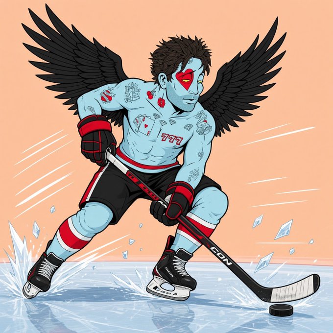 An illustrated winged hockey player in a red mask playing on ice, featuring tattoos, black wings, red and white gear, and a CCM hockey stick.