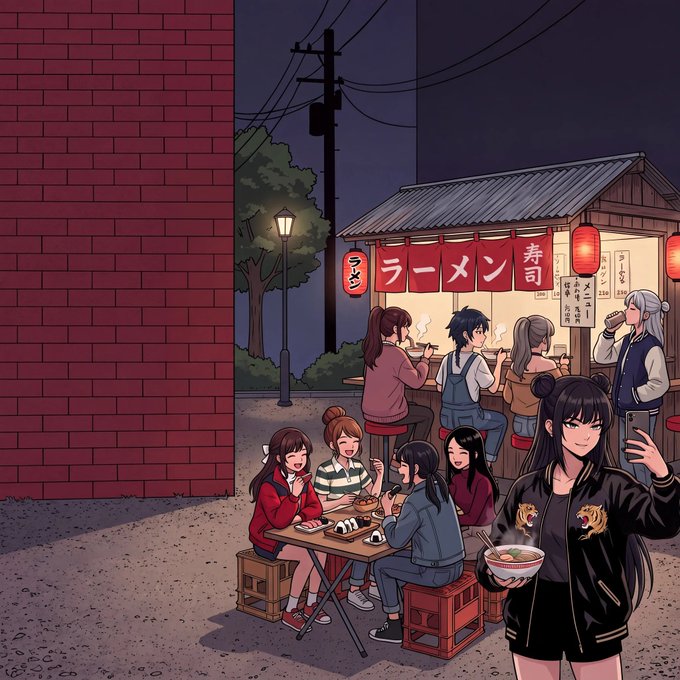 An anime-style illustration shows a group of young people enjoying ramen at a nighttime outdoor food stall with Japanese signage including 'ラーメン' and '寿司'.