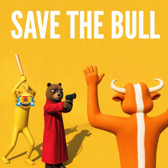 The image features a cartoon scene with three cartoon characters, including two bears and one bull, standing against a yellow background. One of the bears is holding a gun, while another bear has a baseball bat. The third bear appears to be waving at the camera. In the bottom right corner of the image, there's text that reads "Save the Bull".