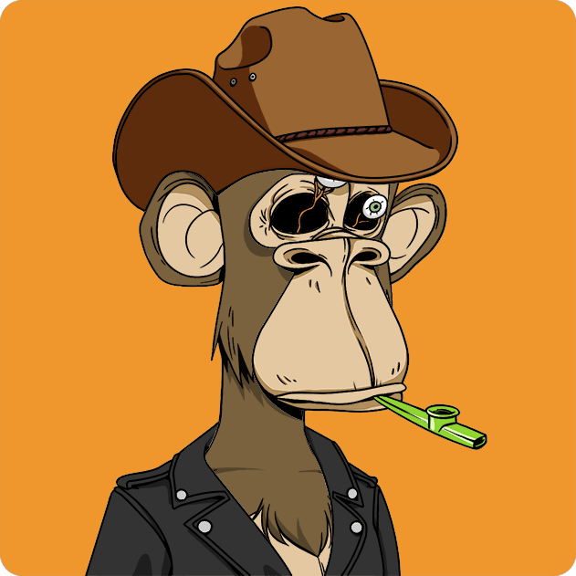 A cartoon illustration of a monkey wearing a cowboy hat, sunglasses, and a leather jacket, smoking a green pipe against an orange background.