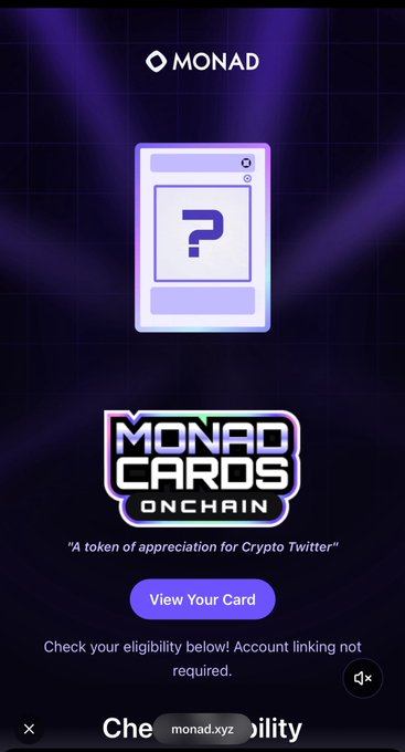 A mobile app screen displaying the Monad logo, a stylized card with a question mark, and text reading 'MONAD CARDS ONCHAIN,' 'A token of appreciation for Crypto Twitter,' and a 'View Your Card' button.