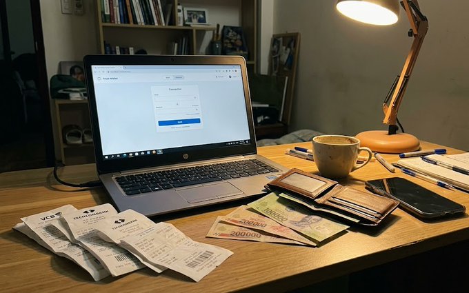 A laptop displays a transaction interface alongside scattered paper receipts showing "VCB" and "Hostelworld," with banknotes and a smartphone on a wooden desk. The image illustrates the post's point that seemingly low blockchain fees for USDC transfers can mask additional hidden costs—such as ticket booking fees, travel receipts, and exchange expenses—that accumulate beyond the headline transaction price.